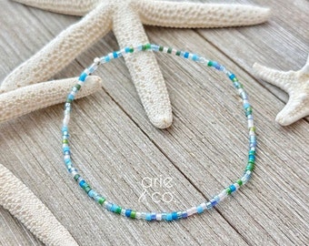 Sea Blue Crystal Beaded Ankle Bracelet, Beachy Anklet, Dainty Anklet Bracelet, Bohemian Anklet