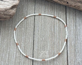 Cream and Rose Gold Beaded Anklet, Dainty Stretchy Anklet Bracelet, Boho Anklet, Anklet Bracelet