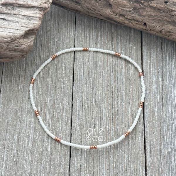 Dainty Rose Gold Cream Anklet Bracelet, Minimalist and Dainty Anklet Bracelet, Beaded Stretch Anklet Bracelet, Crystals Ankle Bracelet