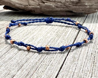 Navy Blue Beaded Ankle Bracelet, Waterproof Bracelet or Anklet, Waxed String Anklet, Bohemian Bracelet, Beachy Anklet