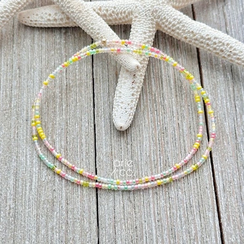 S I E S T A - Dainty Pastel Colors Stretchy Beaded Anklet Bracelet, Minimalist and Dainty Anklet Bracelet, Double Stretchy Anklet