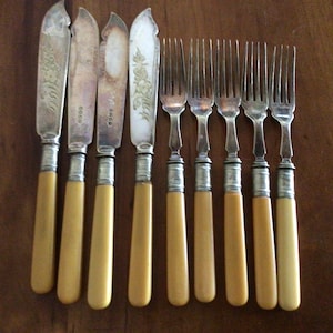May include: A set of four silver-plated knives and five silver-plated forks with cream-colored handles. The knives feature engraved floral patterns on the blades and metal ferrules connecting the blades to the smooth, cylindrical handles.