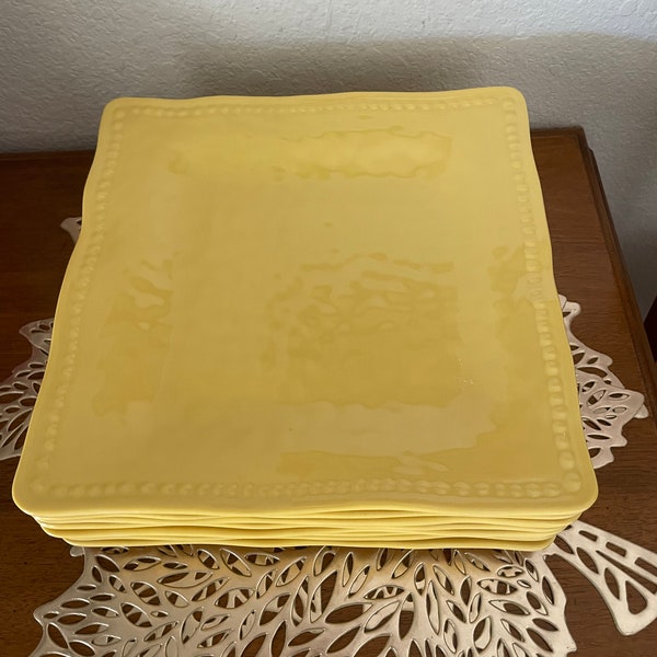 Lot/8 Tommy Bahama Yellow HOBNAIL 10.8” Square Melamine Dinner Plates: Textured