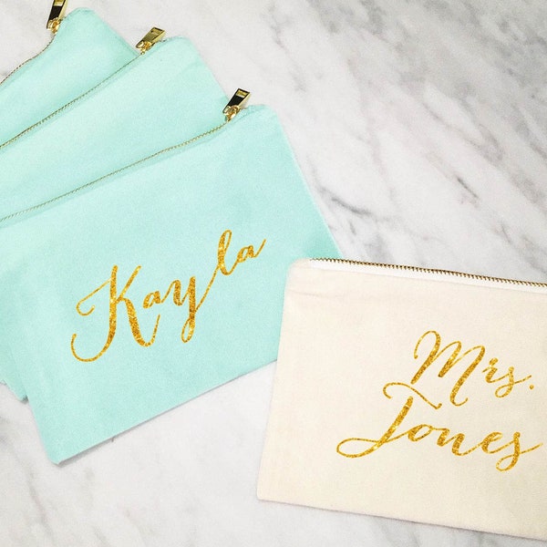 Bridesmaid Makeup Bag, Personalized Mrs Makeup Bag, Bridesmaid Gift, Personalized Pouch, Mint and Gold Canvas Bag, MANY COLORS