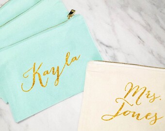 Bridesmaid Makeup Bag, Personalized Mrs Makeup Bag, Bridesmaid Gift, Personalized Pouch, Mint and Gold Canvas Bag, MANY COLORS