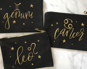 Bridesmaid Makeup Bag, Horoscope Makeup Bag, Zodiac Gift, Holiday Hostess Gift, Birthday Gift, Gemini Gift, Cancer Gift, Leo Gift,