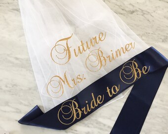 bachelorette party sash and veil set, bachelorette veil, bride to be sash, future mrs veil, personalized veil, navy and gold glitter sash