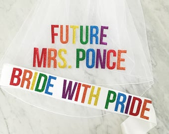 LGTBQ Veil and Sash, Bride with Pride, Groom with Pride, Gay Pride Parade Sash, Personalize Any Way