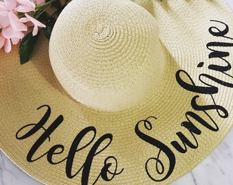 Hello Sunshine Beach Hat, Floppy Sun Hat, Custom Personalized Floppy Hat, Honeymoon Hat, Vacation Sun Hat, Honeymoon Must Have, MANY COLORS