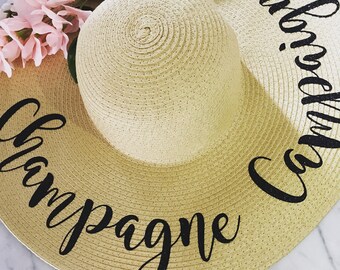 Champagne Campaign Beach Hat, Floppy Sun Hat, Personalized Floppy Hat, Honeymoon Hat, Vacation Sun Hat, Honeymoon Must Have, MANY COLORS