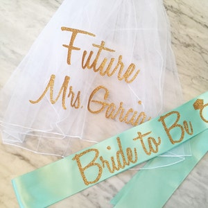 bachelorette party sash and veil set, bachelorette veil, bride to be sash, future mrs veil, personalized veil, mint and gold glitter sash