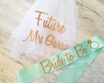 bachelorette party sash and veil set, bachelorette veil, bride to be sash, future mrs veil, personalized veil, mint and gold glitter sash