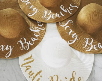 Beach Bachelorette Floppy Sun Hat, Set of 4, Sexy Beaches, Nauti Bride, Drunk in Love, Just Drunk, Sequin Sun Hat, Wide Brim Straw Hat