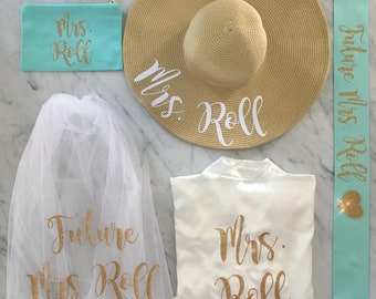 Ultimate Bride To Be Gift Set, Sparkly Glitter, Bridal Shower Gift, Bachelorette Veil, Bachelorette Sash, Bride To Be Robe, Honeymoon Hat