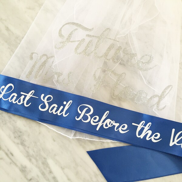 nautical bachelorette sash and veil set, bachelorette veil, last sail before the veil sash, future mrs veil, personalized veil