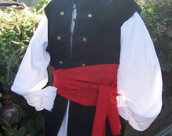 4 piece Mens Renaissance costume buccaneer Pirate swashbuckler with pants (shirt, sash, vest & pants)