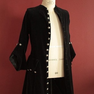 Black velveteen frock coat pirate mens womens buccaneer swashbuckler renaissance costume