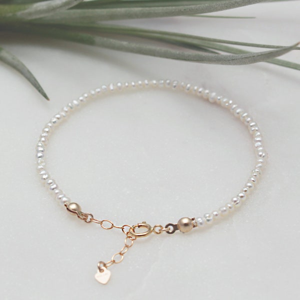 Tiny Pearl Bracelet - 14k Gold filled Clasp and Extender, 2mm Seed Pearl: White Potato Pearl, Natural, Keshi