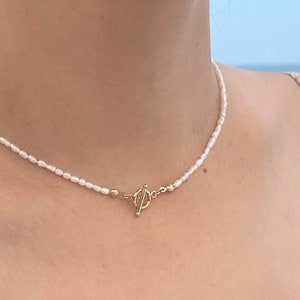 Tiny Pearl Toggle Choker Necklace - 14k Gold Filled Toggle & Bar, 2-3mm White Rice Pearl, Dainty, Freshwater, Seed Pearl, Reversable