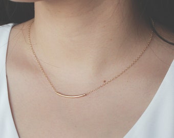 Gold Curved Tube Bar Necklace - Gold Filled Tube 30mm