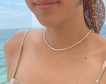Tiny Rice Pearl Necklace - 14k Gold Filled Clasp & Extender