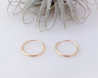 Gold Hoop Earrings - 14K Gold Filled, 14mm Diameter, 1.3mm Thick, Endless Hoop Earrings