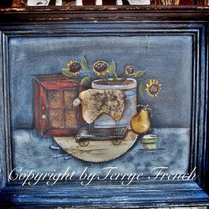 May include: A framed painting of a still life with a blue background. The painting features a wooden box, a ceramic pot with a white sheep inside, a pear, and sunflowers.