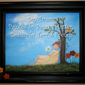 May include: A framed painting of a girl sitting under a tree with a daisy in her hand. The painting is titled "Day Dream" and is painted by Penny Mutter, designed by Terrye French.