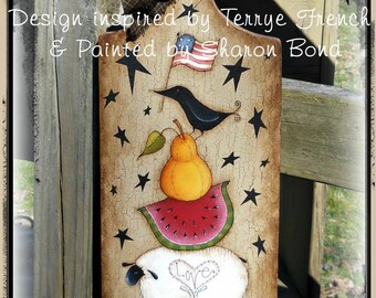 May include: A wooden cutting board painted with a summer theme. The board features a stack of fruit, a bird, a sheep, and stars. The text "Summer Stack" is written at the top of the board. The text "Design inspired by Terrye French & Painted by Sharon Bond" is written below the fruit.