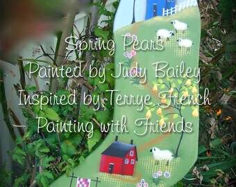 May include: A hand-painted wooden sock ornament with a green background and a blue sky. The ornament features a small red house, a pear tree, and a flock of white sheep. The text "Spring Pears" is written in white on the ornament, along with the artist's name and inspiration.