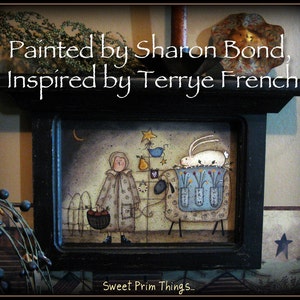 May include: A framed painting of a girl in a brown coat holding a basket of apples, walking towards a sheep with a white rabbit on its back. The sheep is standing in a field of flowers. The painting is titled "Sweet Prim Things..." and is signed "Painted by Sharon Bond, Inspired by Terrye French".