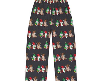 Weihnachts-Wichtel-Pyjama-Hose, Feiertags-Zwerge, festliche Bäume, Anthrazit-Stoff