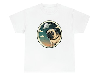 Camisa Pug UFO Cartoon, 100% algodão, unissex, estilo arte de cachorro Pug, Kawaii