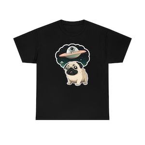Pug Shirt UFO Cartoon, 100% Cotton, Unisex, Style Art of Pug Dog, Kawaii