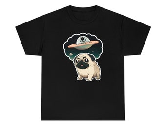 Camisa Pug UFO Cartoon, 100% algodão, unissex, estilo arte de cachorro Pug, Kawaii