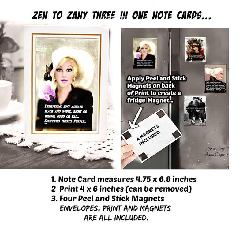 May include: A white note card with a gold border featuring a portrait of a woman with the text "Everything isn't always black and white, right or wrong, good or bad, sometimes there's purple." Also included are peel and stick magnets and prints.