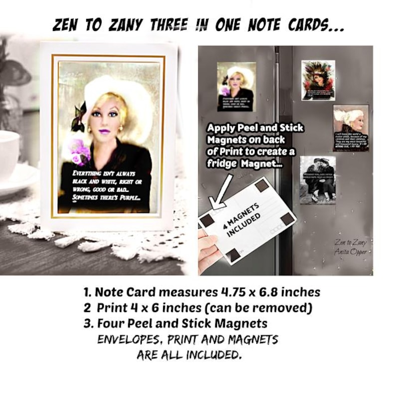 May include: A white note card with a gold border featuring a portrait of a woman with the text "Everything isn't always black and white, right or wrong, good or bad, sometimes there's purple." Also included are peel and stick magnets and prints.