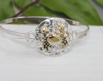 Crab Bangle Bracelet.  Silver & Gold Crab bracelet.  Crab bracelet.  Beach Bangle. Free Shipping.