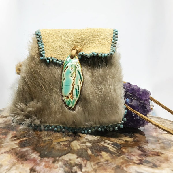 Beaver Fur Medicine Bag, Medicine Pouch,  Native American Bag, Shaman’s Bag, Metaphysical Bag, Beaded Bag, Deerskin Bag