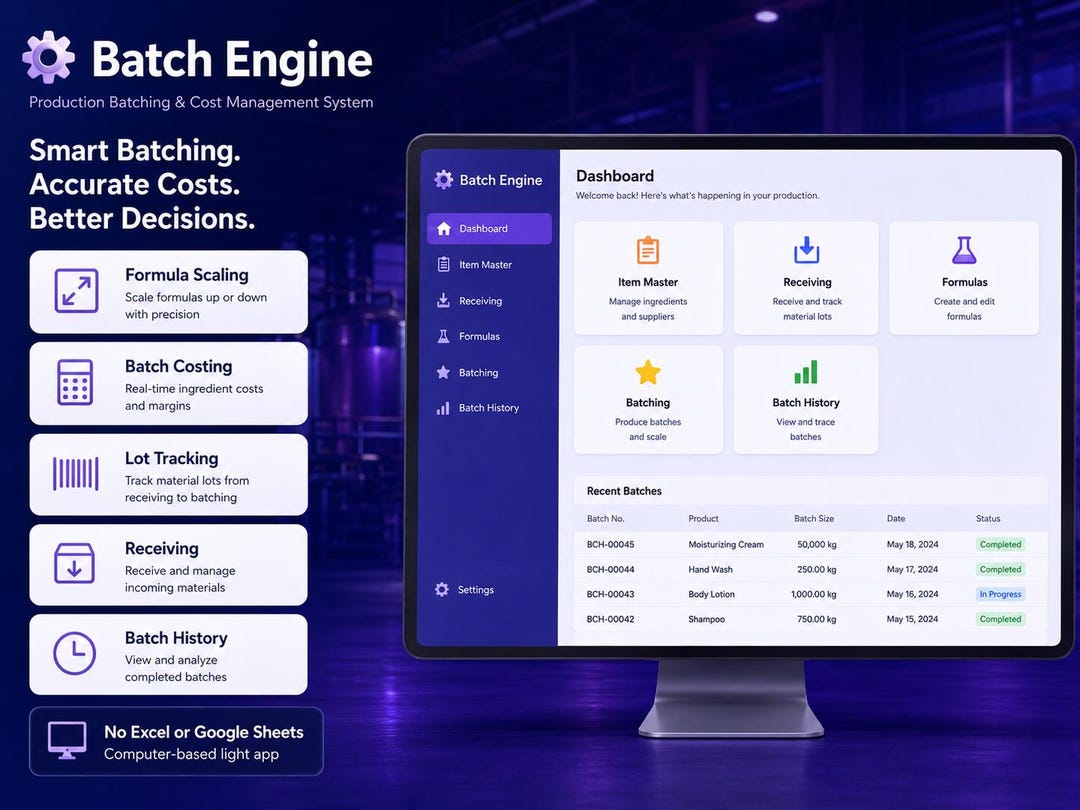 Batch Production Manager App | Recipe Cost Calculator | Manufacturing ...