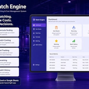 Könnte beinhalten: Ein Computerbildschirm zeigt die Benutzeroberfläche der Software "Batch Engine" für die Produktionschargen- und Kostenverwaltung. Das Dashboard zeigt Optionen für Artikelverwaltung, Empfang, Formeln, Chargen und Chargenverlauf.