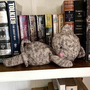 May include: A gray and white knitted cat toy with pink nose and black eyes. The toy is lying on a wooden shelf with books behind it.