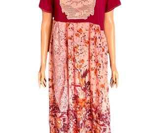 Romantic Spring Upcycled Dress Top Pink Burgandy Lace Patched Handmade
