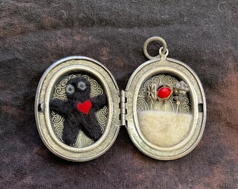 Needle Felted Voo Doo Doll Locket with Pins – Travel Magic Mixed Media Art