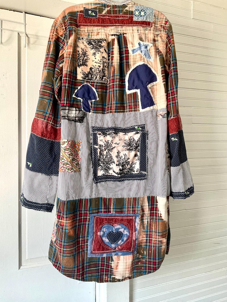 Upcycled Patchwork Duster Shacket Handmade Mushrooms Festival Statement vibes image 6