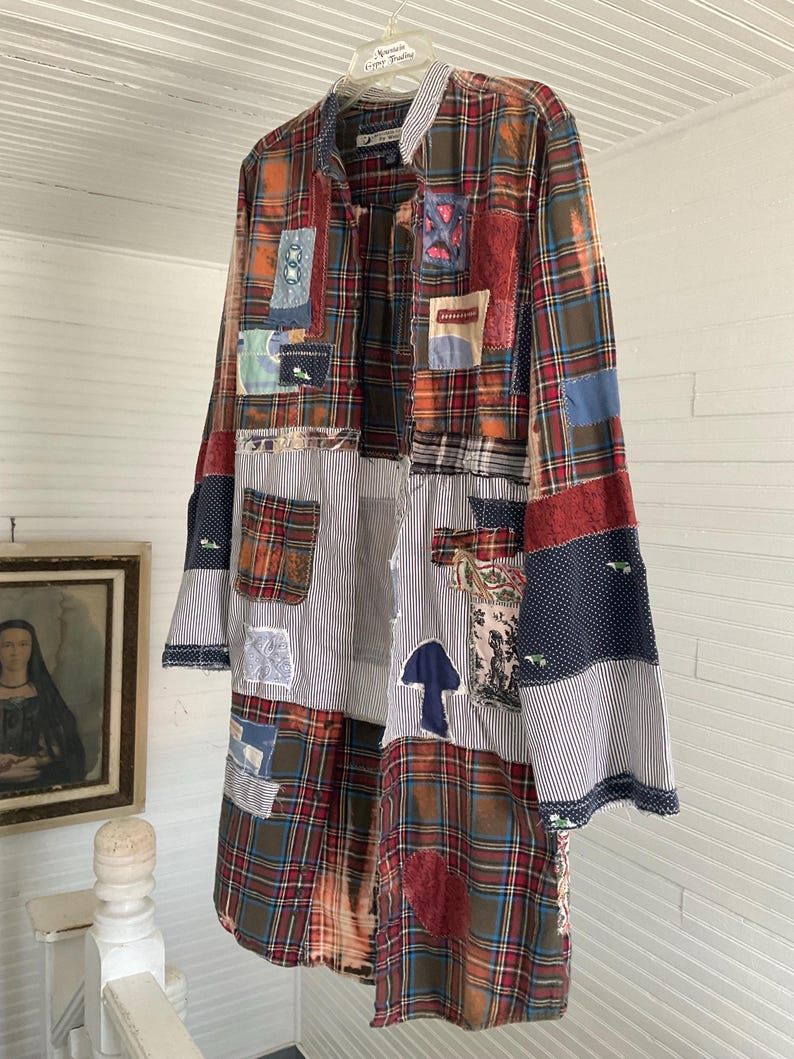 Upcycled Patchwork Duster Shacket Handmade Mushrooms Festival Statement vibes image 11