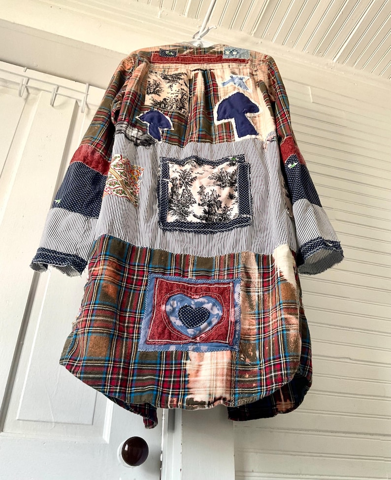 Upcycled Patchwork Duster Shacket Handmade Mushrooms Festival Statement vibes image 8