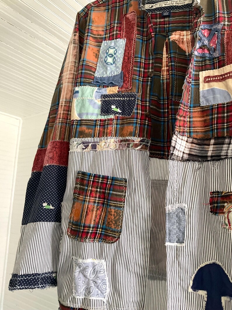 Upcycled Patchwork Duster Shacket Handmade Mushrooms Festival Statement vibes image 14
