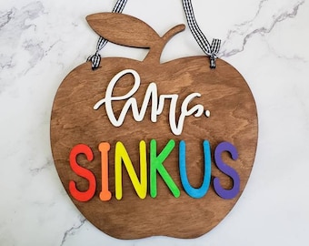 Personalized Teacher Sign, Apple 3D Sign, Classroom Decor, Unique Teacher Gift, Wooden Teacher Sign, Apple Sign, Kindergarten Teacher Sign