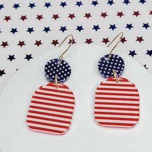 Patriotic Acrylic Earrings, Stars and Stripes Dangles, Statement Acrylic Earrings, Acrylic Earrings, Red, White, & Blue Jewelry